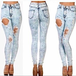 VibrantMiu HighWaisted Distressed Acid Wash Jeans.